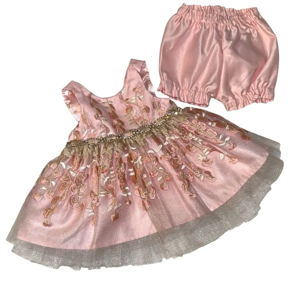 American Princess Baby Girl Dress Set 6M Pink Gold Embroidered Tulle Party Dress - Picture 2 of 10